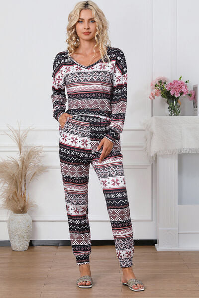 Printed V-Neck Top and Pants Lounge Set - Nicole Lee Apparel