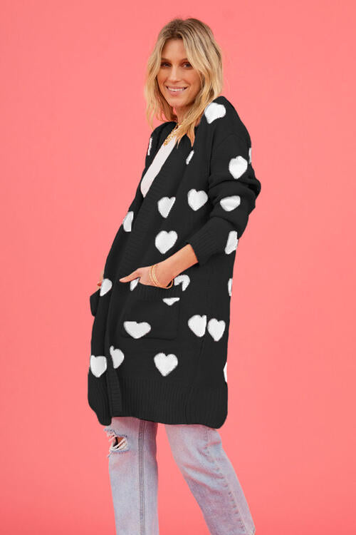 Heart Graphic Open Front Cardigan with Pockets - Nicole Lee Apparel