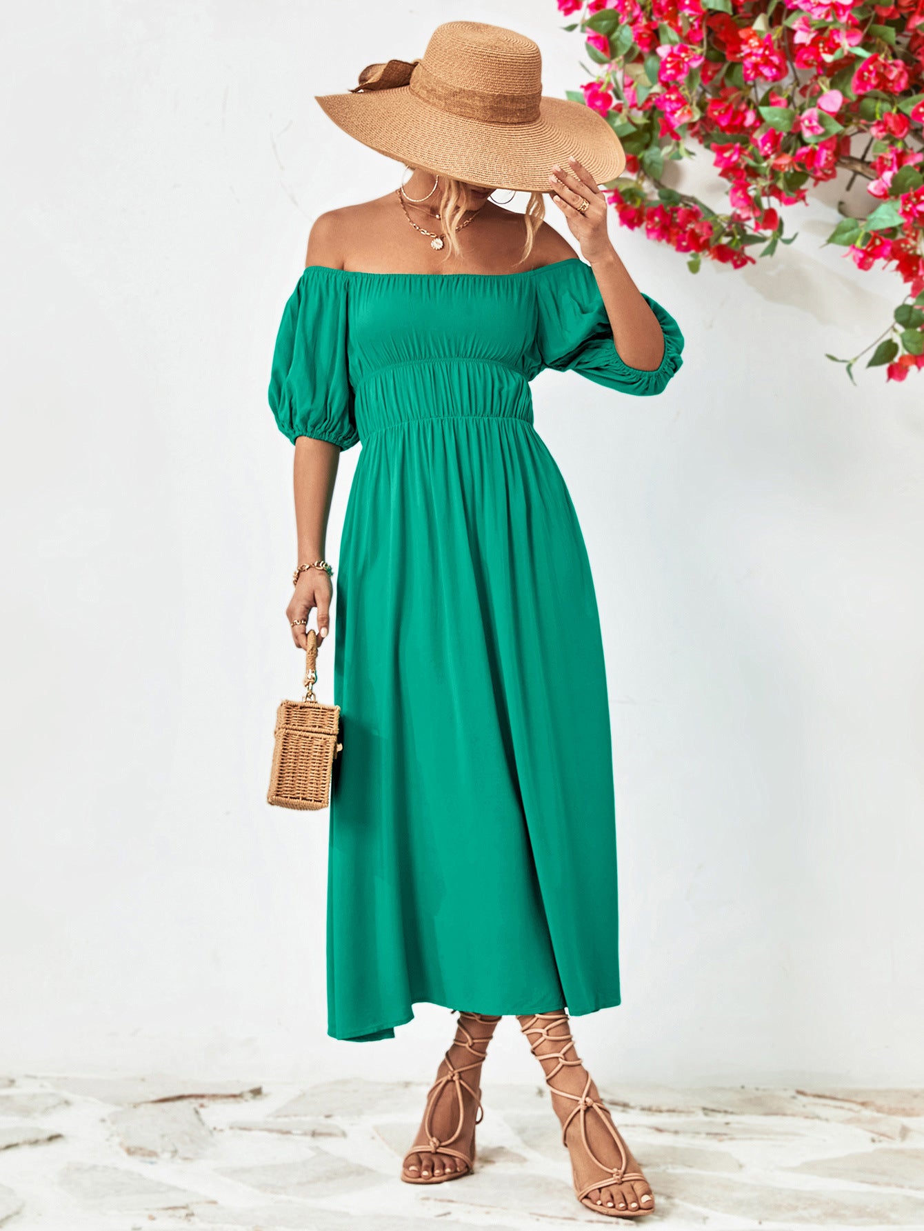 Off-Shoulder Balloon Sleeve Midi Dress - Nicole Lee Apparel