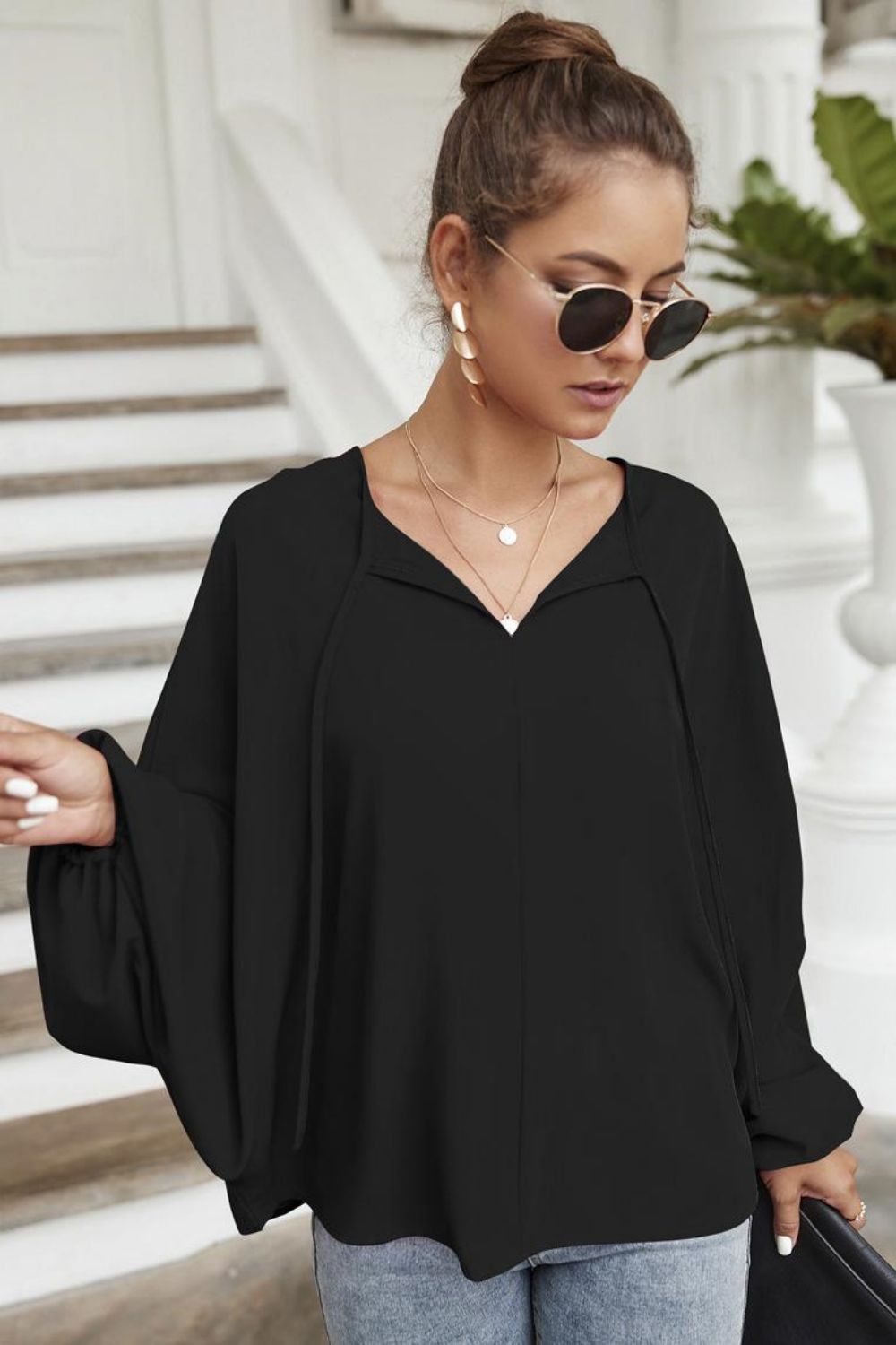 Tie Neck Balloon Sleeve Blouse - Nicole Lee Apparel