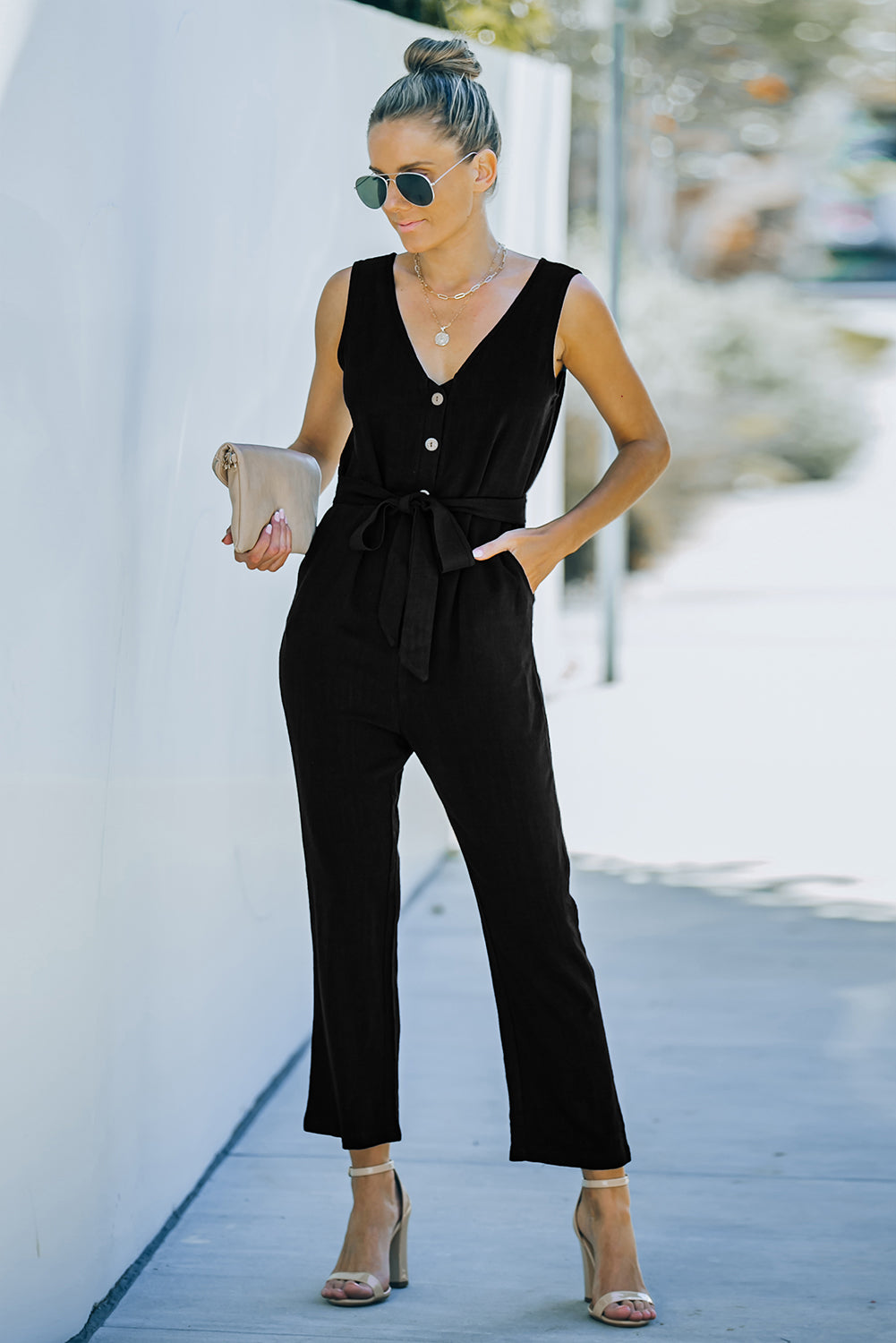 V-Neck Tie Waist Sleeveless Jumpsuit - Nicole Lee Apparel