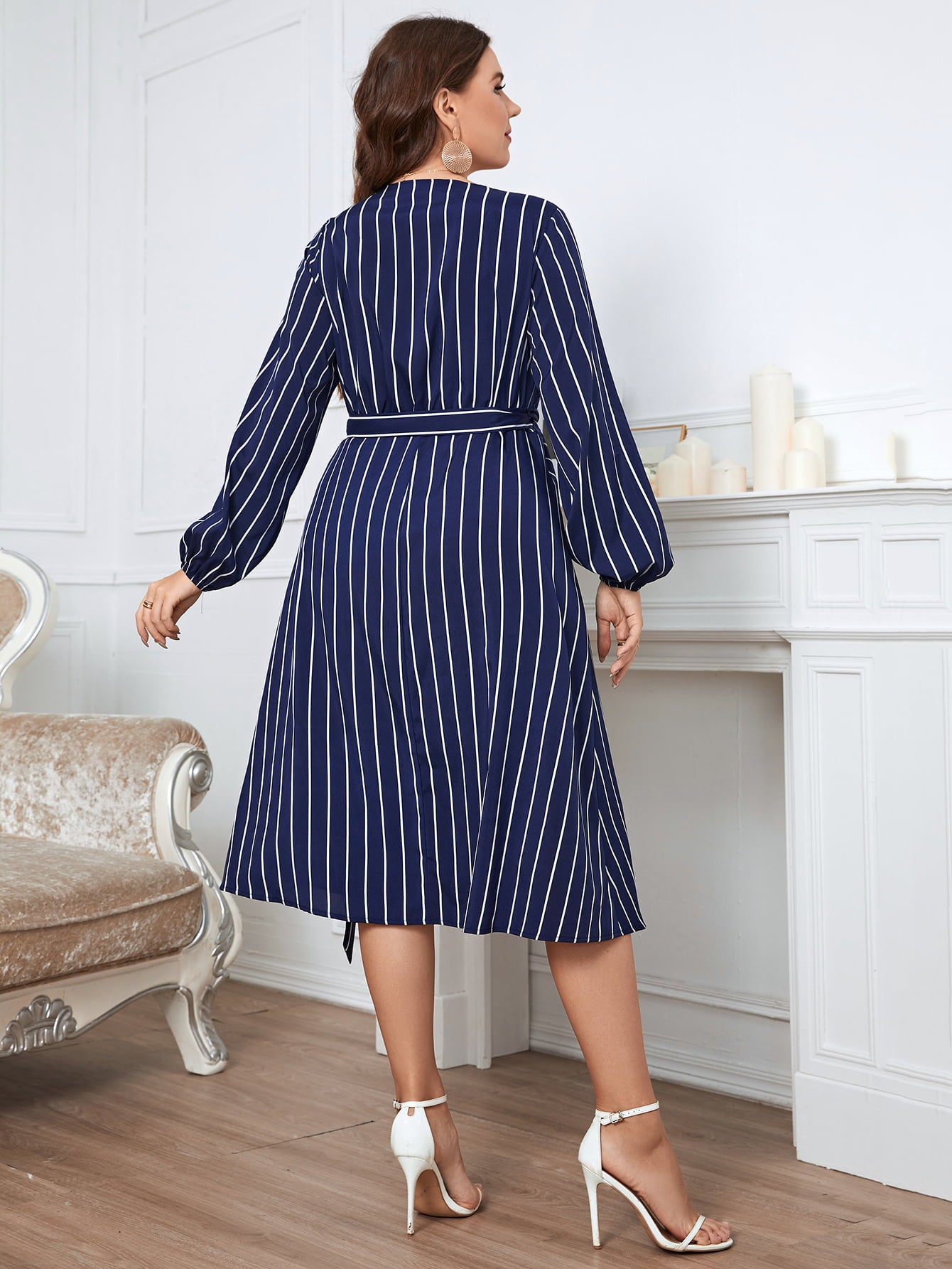 Plus Size Striped Surplice Neck Long Sleeve Dress - Nicole Lee Apparel