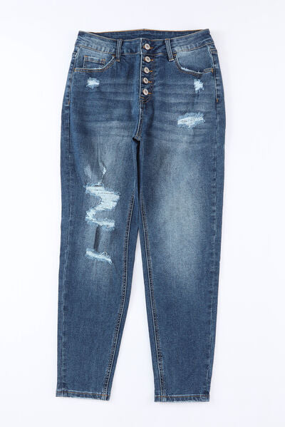Button-Fly Distressed Jeans with Pockets - Nicole Lee Apparel