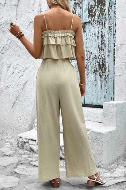 Frill Trim Cami and Wide Leg Pants Set - Nicole Lee Apparel