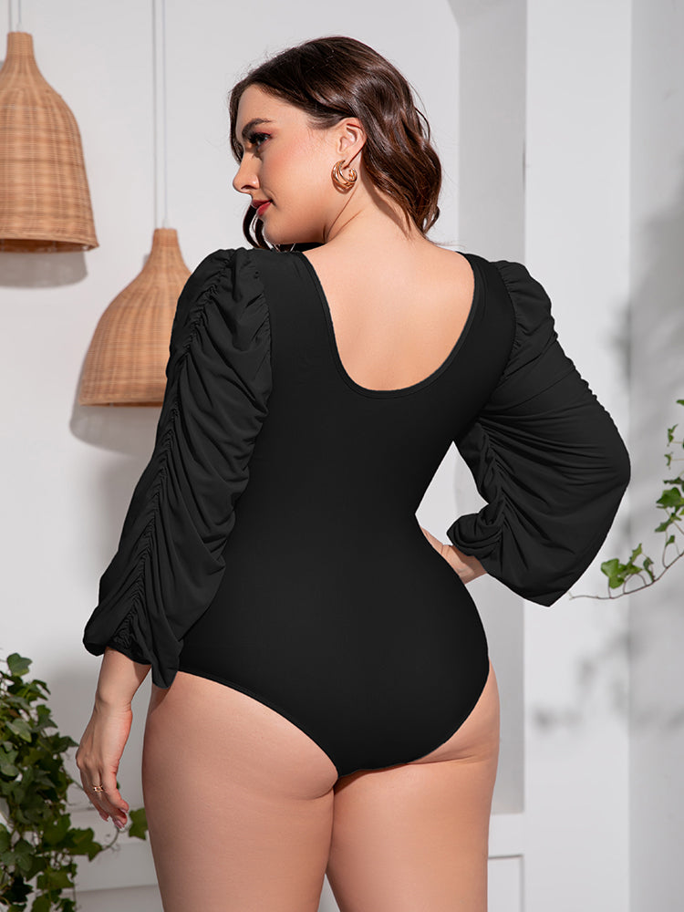 Plus Size Tied Deep V Balloon Sleeve One-Piece Swimsuit - Nicole Lee Apparel
